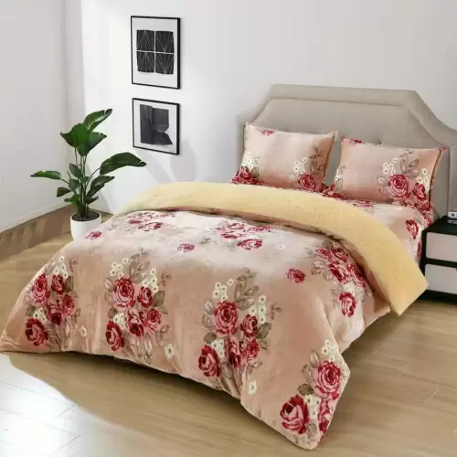 Lenjerie pat dublu cu Elastic, Super Pufoasa COCOLINO cu BLANITA, 4 piese, Bej, Flori Rosii