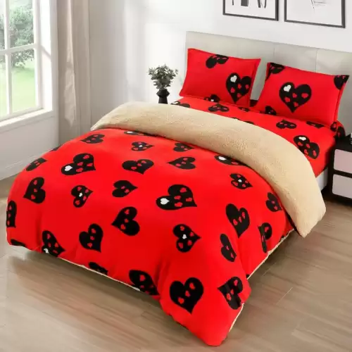 Lenjerie pat dublu cu Elastic, Super Pufoasa COCOLINO cu BLANITA, 4 piese, Rosu, Inimioare