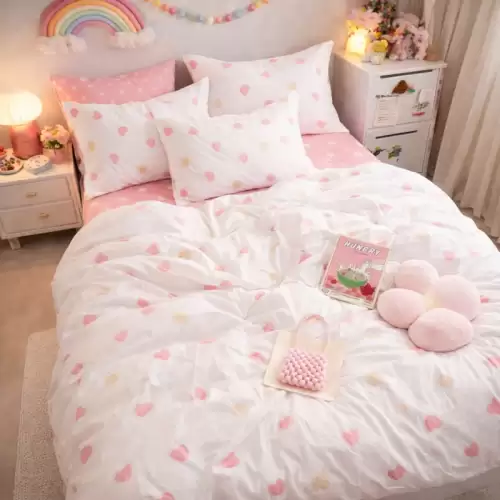 Lenjerie pat dublu, Finet, 6 piese, Alb-Roz, inimioare
