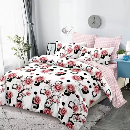 Lenjerie Pat Dublu,  FINET, 6 piese, Alb, Roz, Negru, Flori, Patratele