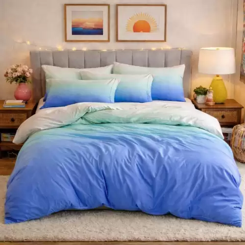 Lenjerie pat dublu, Finet, 6 piese, Albastru, degrade