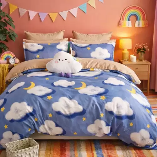 Lenjerie pat dublu, Finet, 6 piese, Albastru, stelute, norisori
