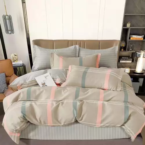 Lenjerie pat dublu, Finet, 6 piese, Bej, carouri