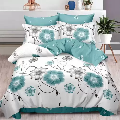 Lenjerie pat dublu, Finet, 6 piese, Bleu, flori