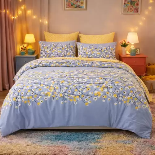 Lenjerie pat dublu, Finet, 6 piese, Bleu, flori