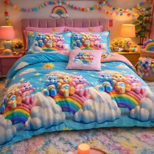Lenjerie pat dublu, Finet, 6 piese, Bleu, Roz, ursuleti, curcubeu