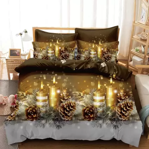 Lenjerie pat dublu,  FINET, 6 piese, Craciun, Jojo Home, Auriu-Multicolor, lumanari, crengute de brad, conuri