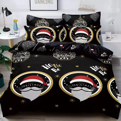 Lenjerie pat dublu,  FINET, 6 piese, Craciun, Jojo Home, Negru-Multicolor, Ho-Ho-Ho