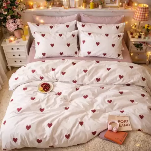 Lenjerie pat dublu, Finet, 6 piese, crem, lila, inimioare