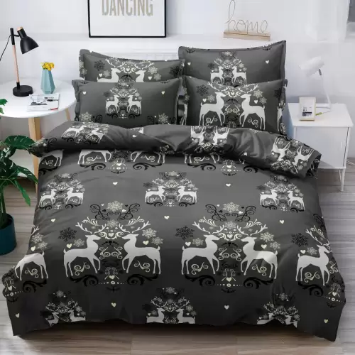 Lenjerie pat dublu,  FINET, 6 piese, cu ELASTIC, Craciun, Jojo Home, Gri, reni