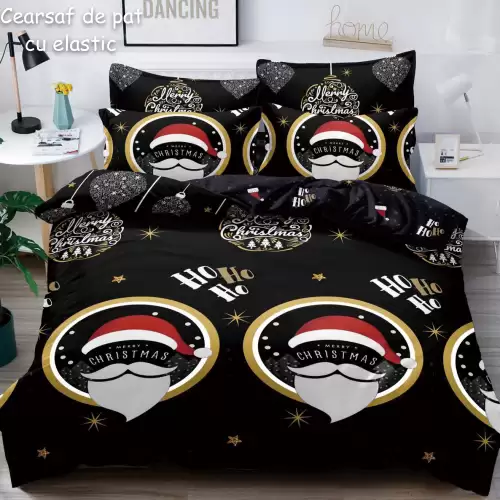 Lenjerie pat dublu,  FINET, 6 piese, cu ELASTIC, Craciun, Jojo Home, Negru-Multicolor, Ho-Ho-Ho