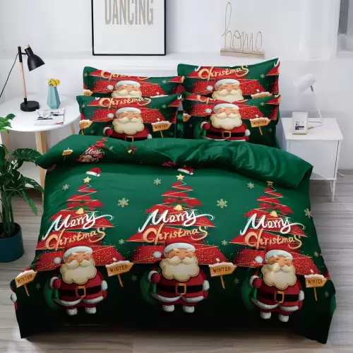 Lenjerie pat dublu, FINET, 6 piese, cu ELASTIC, Craciun, Jojo Home, Verde, Mos Craciun, Merry Christmas