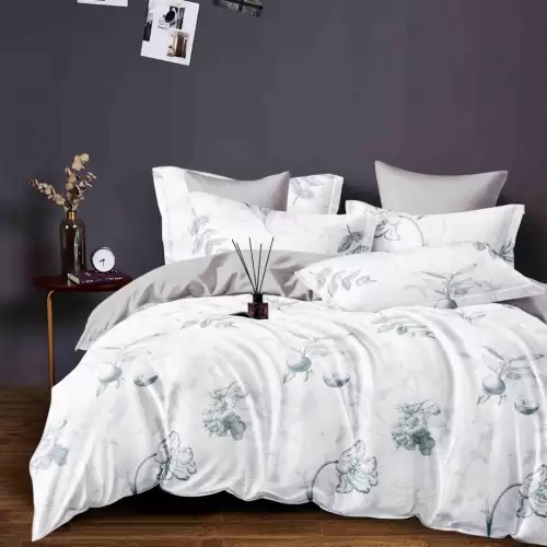 Lenjerie pat dublu, FINET, 6 piese, cu ELASTIC, Jojo Home, Alb, Bleu, Gri, Flori