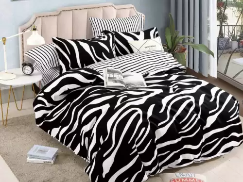 Lenjerie pat dublu,  FINET, 6 piese, cu ELASTIC, Jojo Home, Alb-Negru, animal print