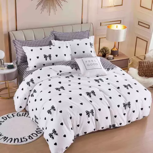 Lenjerie pat dublu, FINET, 6 piese, cu ELASTIC, Jojo Home, Alb-Negru, fundite, inimioare