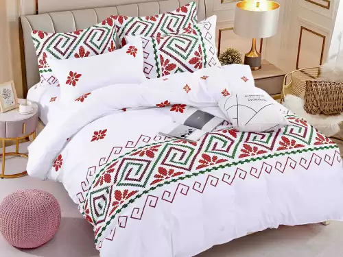 Lenjerie pat dublu, FINET, 6 piese, cu ELASTIC, Jojo Home, Alb-Rosu, model traditional