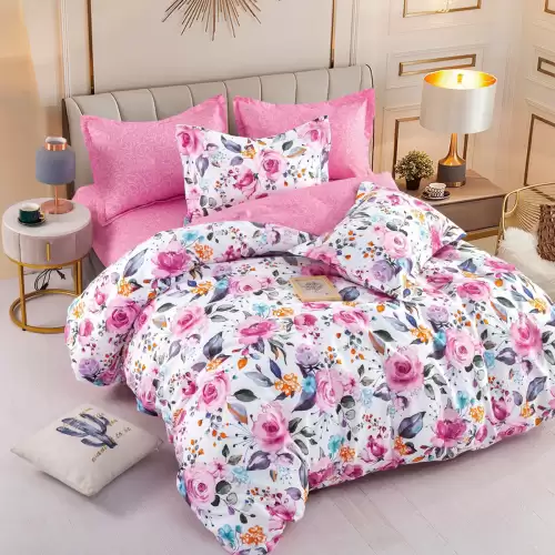 Lenjerie pat dublu,  FINET, 6 piese, cu ELASTIC, Jojo Home, Alb-Roz, flori