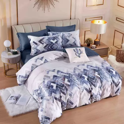 Lenjerie pat dublu,  FINET, 6 piese, cu ELASTIC, Jojo Home, Albastru, forme geometrice