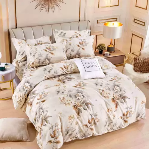 Lenjerie pat dublu, FINET, 6 piese, cu ELASTIC, Jojo Home, Bej, Flori