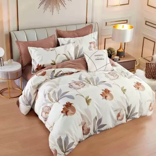 Lenjerie pat dublu,  FINET, 6 piese, cu ELASTIC, Jojo Home, Bej, flori