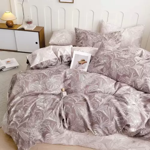 Lenjerie pat dublu, FINET, 6 piese, cu ELASTIC, Jojo Home, Crem, Cappucino, Frunze