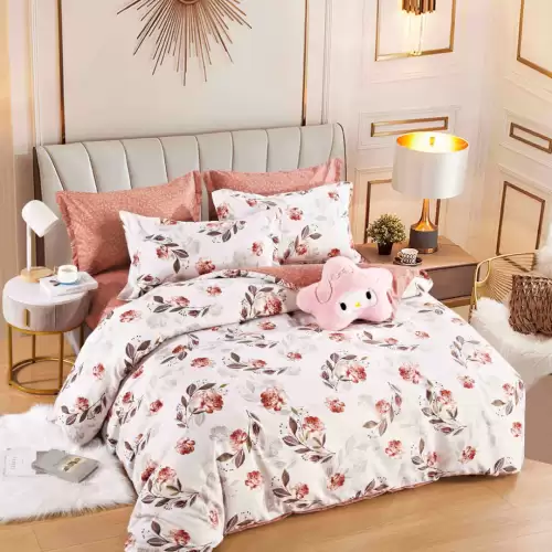 Lenjerie pat dublu, FINET, 6 piese, cu ELASTIC, Jojo Home, Crem, Roz, flori