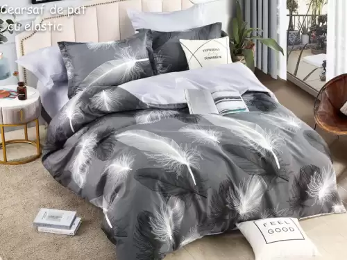 Lenjerie pat dublu,  FINET, 6 piese, cu ELASTIC, Jojo Home, Gri-Alb, pene