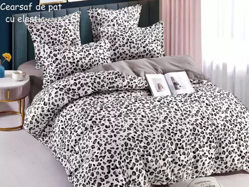 Lenjerie pat dublu,  FINET, 6 piese, cu ELASTIC, Jojo Home, Gri-Negru, animal print