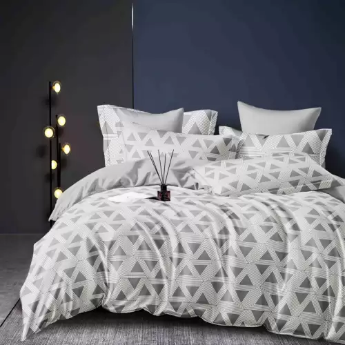 Lenjerie pat dublu, FINET, 6 piese, cu ELASTIC, Jojo Home, Gri, Triunghiuri