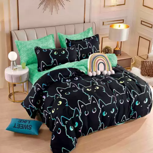 Lenjerie pat dublu,  FINET, 6 piese, cu ELASTIC, Jojo Home, Negru, pisicute