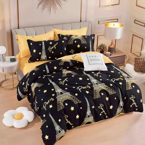 Lenjerie pat dublu,  FINET, 6 piese, cu ELASTIC, Jojo Home, Negru, Turnul Eiffel, Paris, stelute