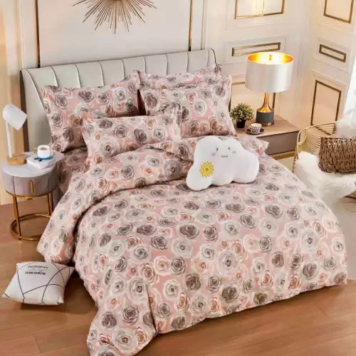 Lenjerie pat dublu, FINET, 6 piese, cu ELASTIC, Jojo Home, Piersica, Trandafiri