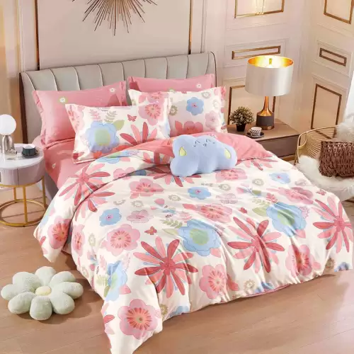 Lenjerie pat dublu, FINET, 6 piese, cu ELASTIC, Jojo Home, Roz, flori