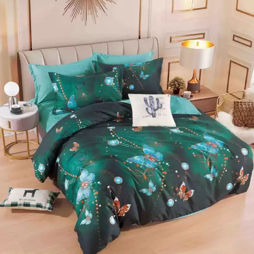 Lenjerie pat dublu,  FINET, 6 piese, cu ELASTIC, Jojo Home, Verde, fluturi