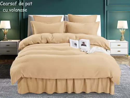 Lenjerie pat dublu, FINET, 6 piese, cu volanase, Jojo Home, Bej