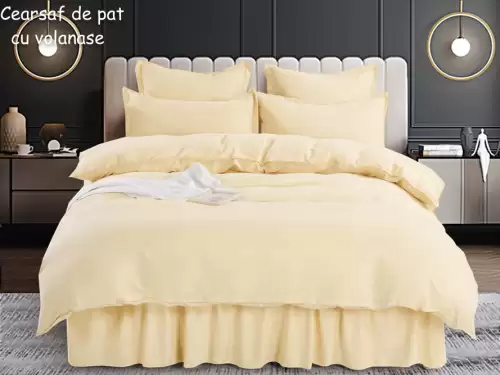 Lenjerie pat dublu, FINET, 6 piese, cu volanase, Jojo Home, Crem