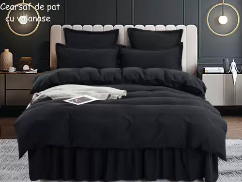 Lenjerie pat dublu, FINET, 6 piese, cu volanase, Jojo Home, Negru