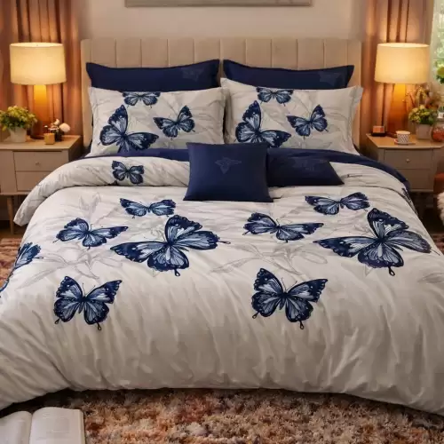 Lenjerie pat dublu, Finet, 6 piese, Gri, Albastru, fluturi