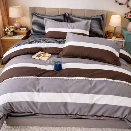 Lenjerie pat dublu, Finet, 6 piese, Gri, dungi