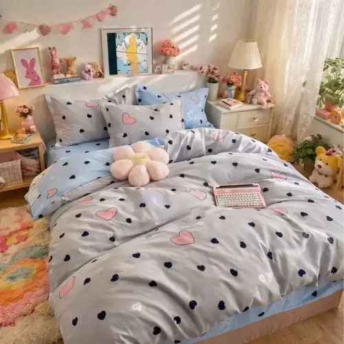 Lenjerie pat dublu, Finet, 6 piese, Gri, inimioare