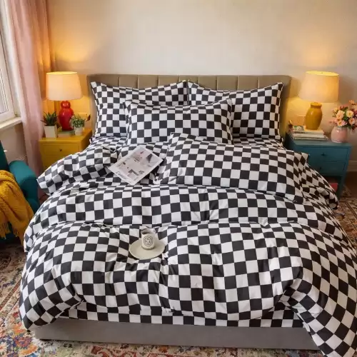 Lenjerie pat dublu, Finet, 6 piese, Gri, patratele