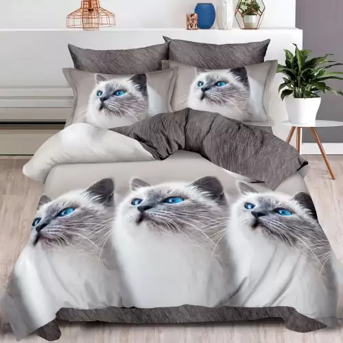 Lenjerie pat dublu, Finet, 6 piese, Gri, pisici
