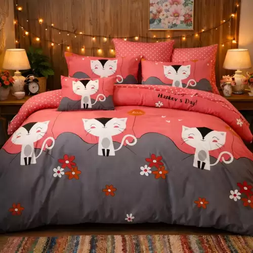 Lenjerie pat dublu, Finet, 6 piese, Gri-Roz, pisici, flori