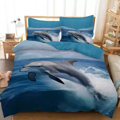 Lenjerie pat dublu, FINET, 6 piese, IDENTICA CU POZA, Albastru, delfin