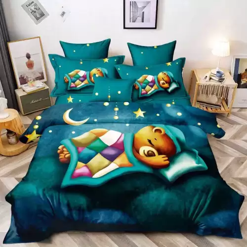 Lenjerie pat dublu,  FINET, 6 piese, IDENTICA CU POZA, Albastru, Trucuaz, ursulet