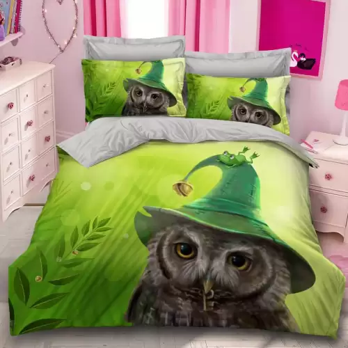 Lenjerie pat dublu,  FINET, 6 piese, IDENTICA CU POZA, Verde, bufnita