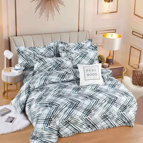 Lenjerie pat dublu, FINET, 6 piese, Jojo Home, Alb, Albastru, dungi