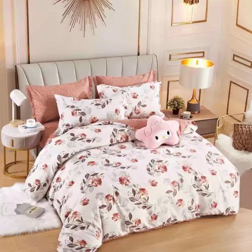 Lenjerie pat dublu, FINET, 6 piese, Jojo Home, Alb, Bej, flori