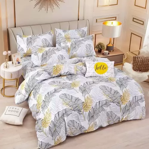 Lenjerie pat dublu, FINET, 6 piese, Jojo Home, Alb, Gri, Frunze