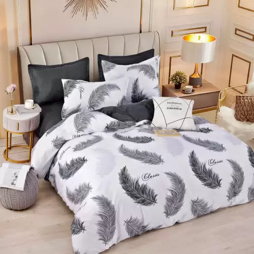 Lenjerie pat dublu, FINET, 6 piese, Jojo Home, Alb-Gri, pene